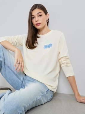 Styli Women Beige Embroidered Long Sleeve T-Shirt