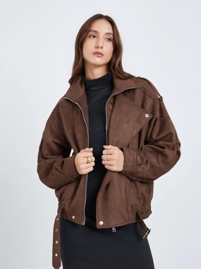 Take Two Women's Solid Oversize Zip Up Lapel Neck Pocket Detail Belted Coat
