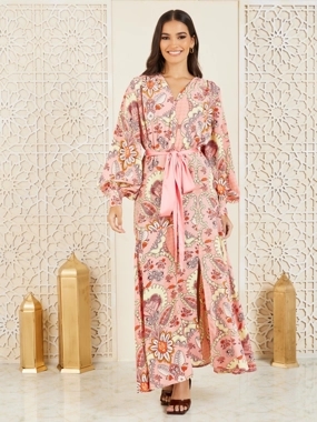 Styli Floral Print A-Line Maxi Dress with Self Tie Up