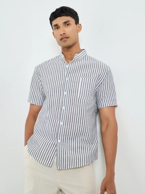 Take Two Men Striped Stand Collar Short Sleeve Shirt