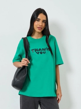 Take Two Green Oversized Slogan Print Cotton T-Shirt