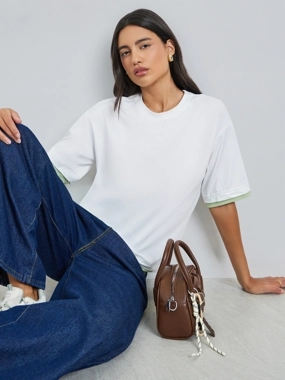 Styli White Solid Contrast Trim Oversized T-Shirt