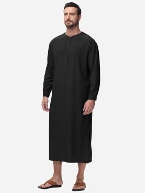 Take Two Solid Round Neck Button Front Long Sleeve Robe