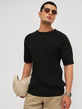 Sassafras Men Black Relaxed Fit Round Neck T-Shirt