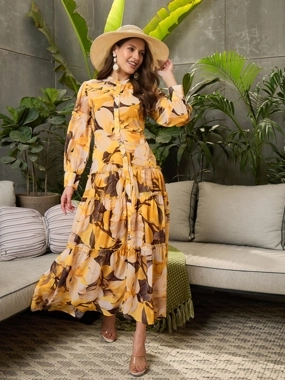 Sassafras Yellow Floral Front Button Placket Maxi Dress