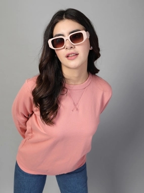 Rigo Women Peach Neck Stitch Detail Basic Fleece Sweatshirt