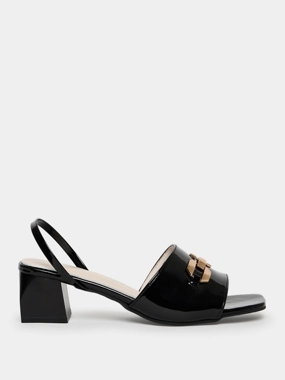 Take Two Black Patent Block Heel Slingback Sandals