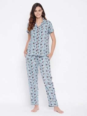 Clovia Printed Button Down Sleep Shirt and Pyjama Set