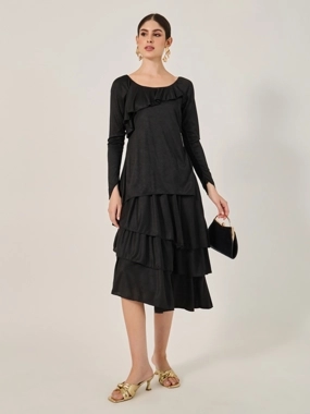 Styli Plain Ruffle Trim Layered A-Line Midi Dress