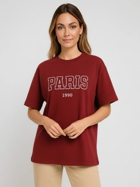 PAUSE PAUSE Regular Fit Printed Roundneck Maroon Single jersey T-Shirt