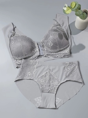 Take Two Grey Lace Insert Padded Non Wired Bra And Midi Brief Set