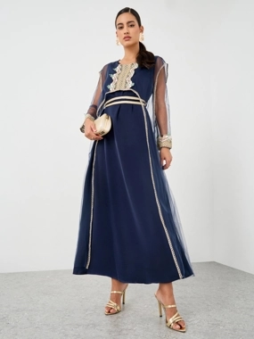 Keenly Lace Detail Embroidered Long Sleeve Maxi Dress