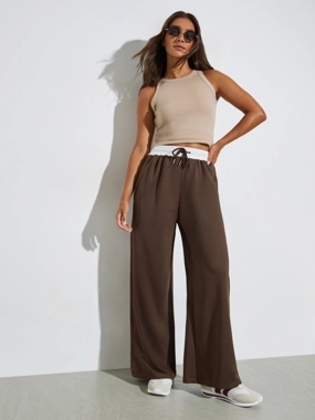 Styli Brown Wide Leg Joggers with Drawstring