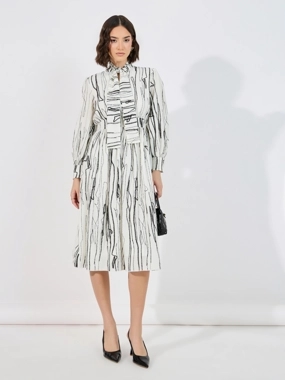Styli Abstract Print Tie Up Neck A-Line Midi Dress