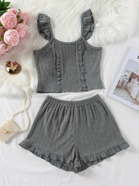 Take Two Charcoal Textured Ruffle Cami and Shorts Set