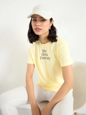 Styli Yellow Slogan Print 100% Cotton T-Shirt