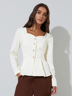 Styli Off White Solid Pleated Detail Sweetheart Neck Peplum Top