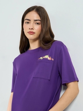Styli Purple Floral Pocket Relaxed Fit T-Shirt
