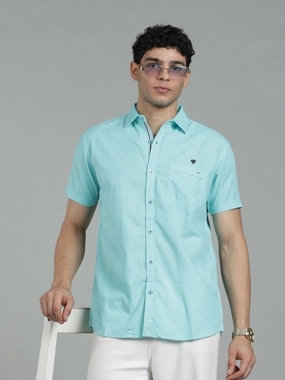 KUONS AVENUE Men Blue Linen Blend Short Sleeve Shirt