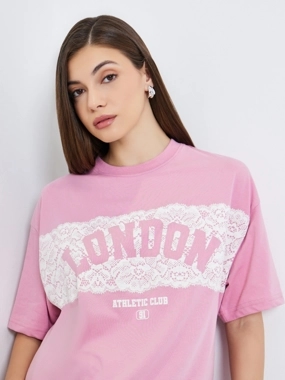Styli Women Light Pink London Slogan Oversized T-Shirt