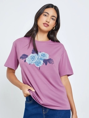 Styli Purple Floral Print Regular Fit T-Shirt
