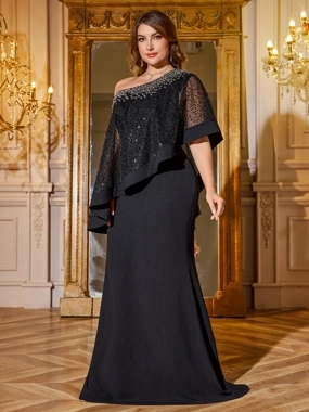 SUPGIR Plus Size Black Embellished Cape Sleeve Maxi Dress