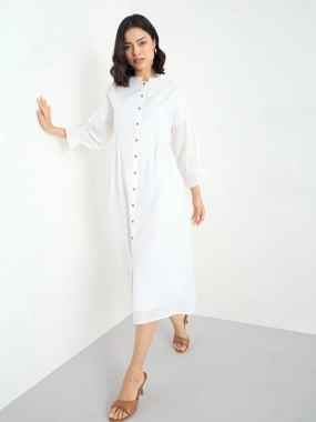 Styli White Buttoned Midi Dress with 3/4 Sleeves