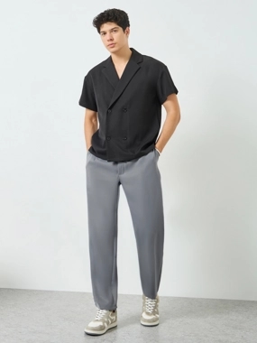 Take Two Men Grey Slant Pocket Pleated Straight Leg Pants
