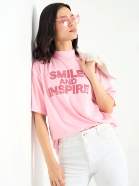 Styli Pink Slogan Relaxed Fit 100% Cotton T-Shirt