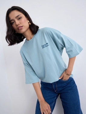 Styli Blue Oversized Slogan Print 100% Cotton T-Shirt