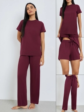 Styli Unwind Burgundy Short Sleeve T-Shirt with Shorts and Pyjama Set