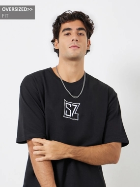 Styli Men Black Oversized Embroidered Terry T-Shirt