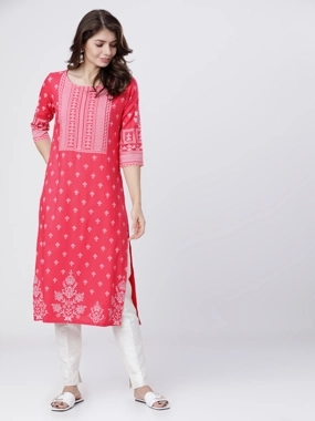 Vishudh Women Pink & White Ethnic Motifs Printed Straight Kurta