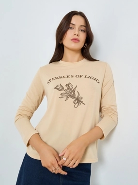 Styli Beige Graphic Print Long Sleeve T-Shirt