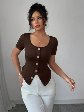 Take Two Brown Square Neck Button Front Top