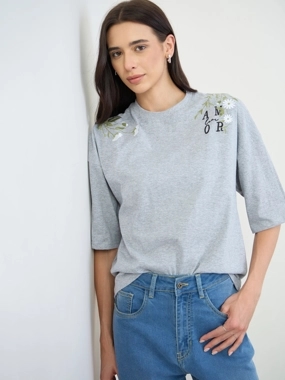 Styli Grey Embroidered Oversized Cotton T-Shirt