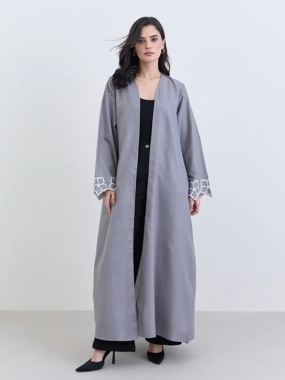 Amirah Grey Embroidered Sleeve Open Abaya