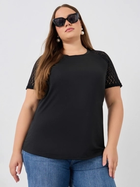 Styli Plus Size Solid Lace Short Sleeve Longline T-Shirt