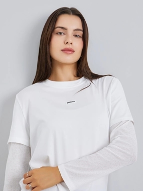 Styli Women White Slogan Print Layered Sleeve T-Shirt