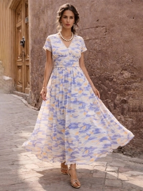 Sassafras Lavender and Off-White Aztec Print Cap Sleeves Maxi Dress