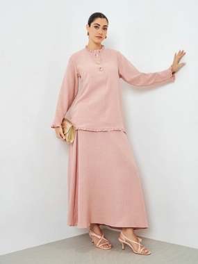 Amirah Pink Ruffled Neck Top and Skirt Modest Set