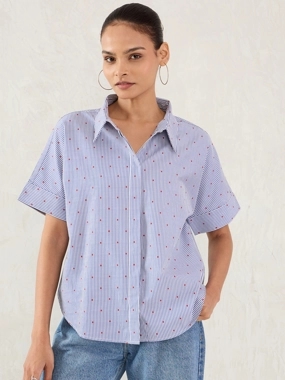 Femmella Navy Striped Short Sleeve Button Down Shirt