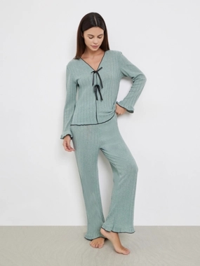 Styli Texture Ruffled Detail T-Shirt and Long Pyjama Set