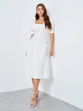 Styli Puff Sleeves Gathered Detail A-Line Midi Dress