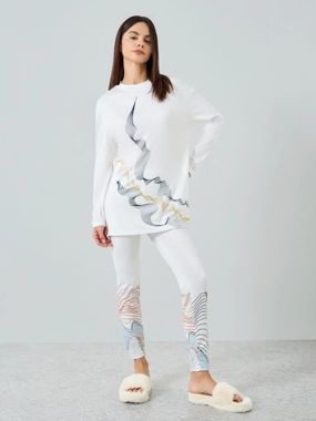 Take Two Women's GEO Printed Round Neck Long Sleeve Split Hem Top and Pants Set