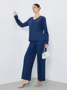 Amirah Navy Blue Plain V Neck Top and Pants Co-Ords