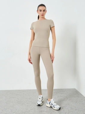 Styli Active Beige Short Sleeve Fitted Top and Leggings Set