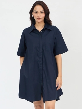 Femmella Navy Blue Cotton Mini Shirt Dress
