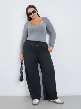 Styli Plus Black Wide Leg Joggers with Drawstring Waist