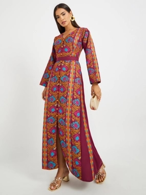 Maxim Creation Embroidered V Neck Belted Jalabiya